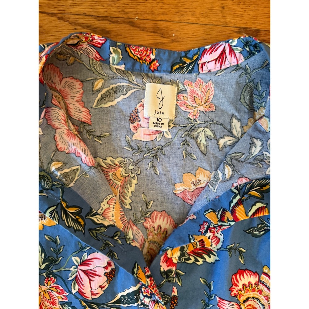 Joie Blue Floral Puff Sleeve Belted Mini Dress Size 10 Button Front Ruffle Hem - Picture 2 of 4